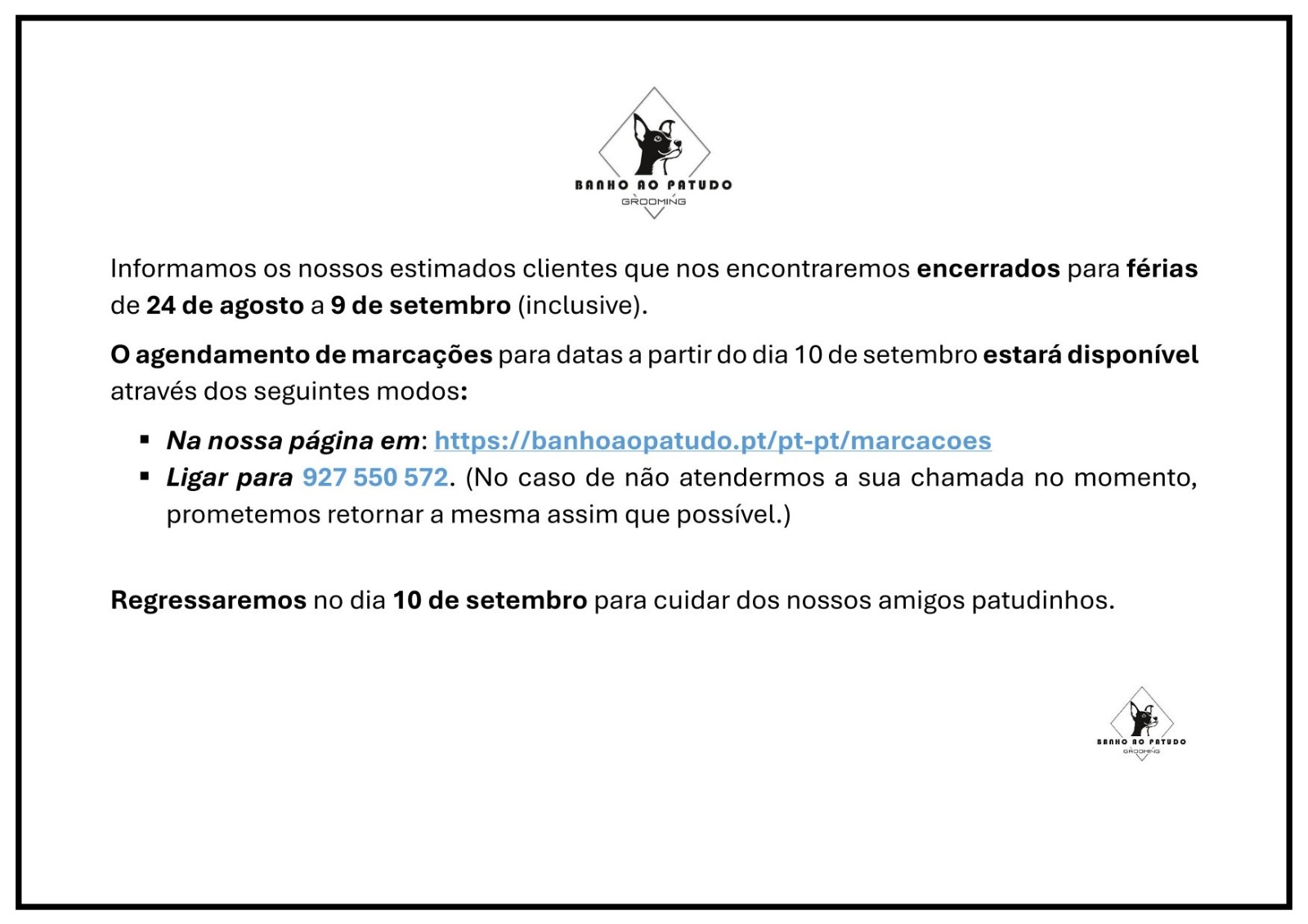 Encerramento para férias - 24 de agosto a 9 de setembro
