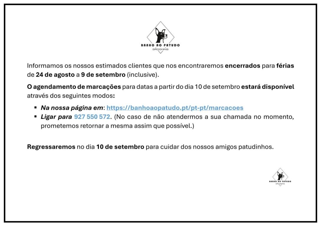 Encerramento para férias - 24 de agosto a 9 de setembro